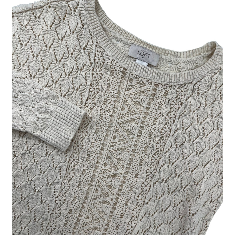 Loft Women Ivory Cotton Pointelle Open Knit Sweater 3/4 Sleeve‎ Crew Neck XS